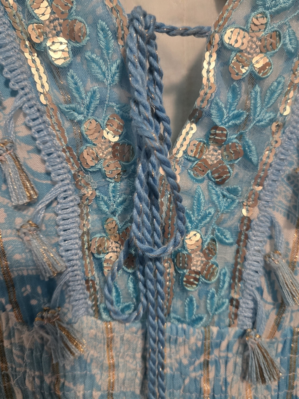 Light Blue Floral Boho Maxi Dress with Sequin Trim - Picture 3 of 10